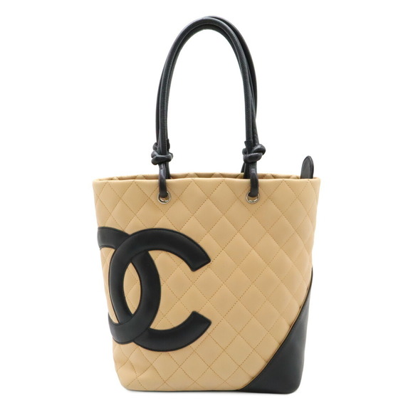 CHANEL Cambon Tote Shoulder Bag Coco Mark Calfskin Beige Black